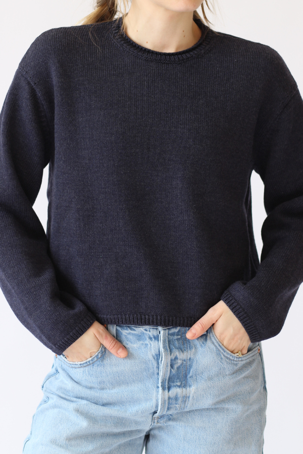 100% extrafine merino wool crewneck navy sweater