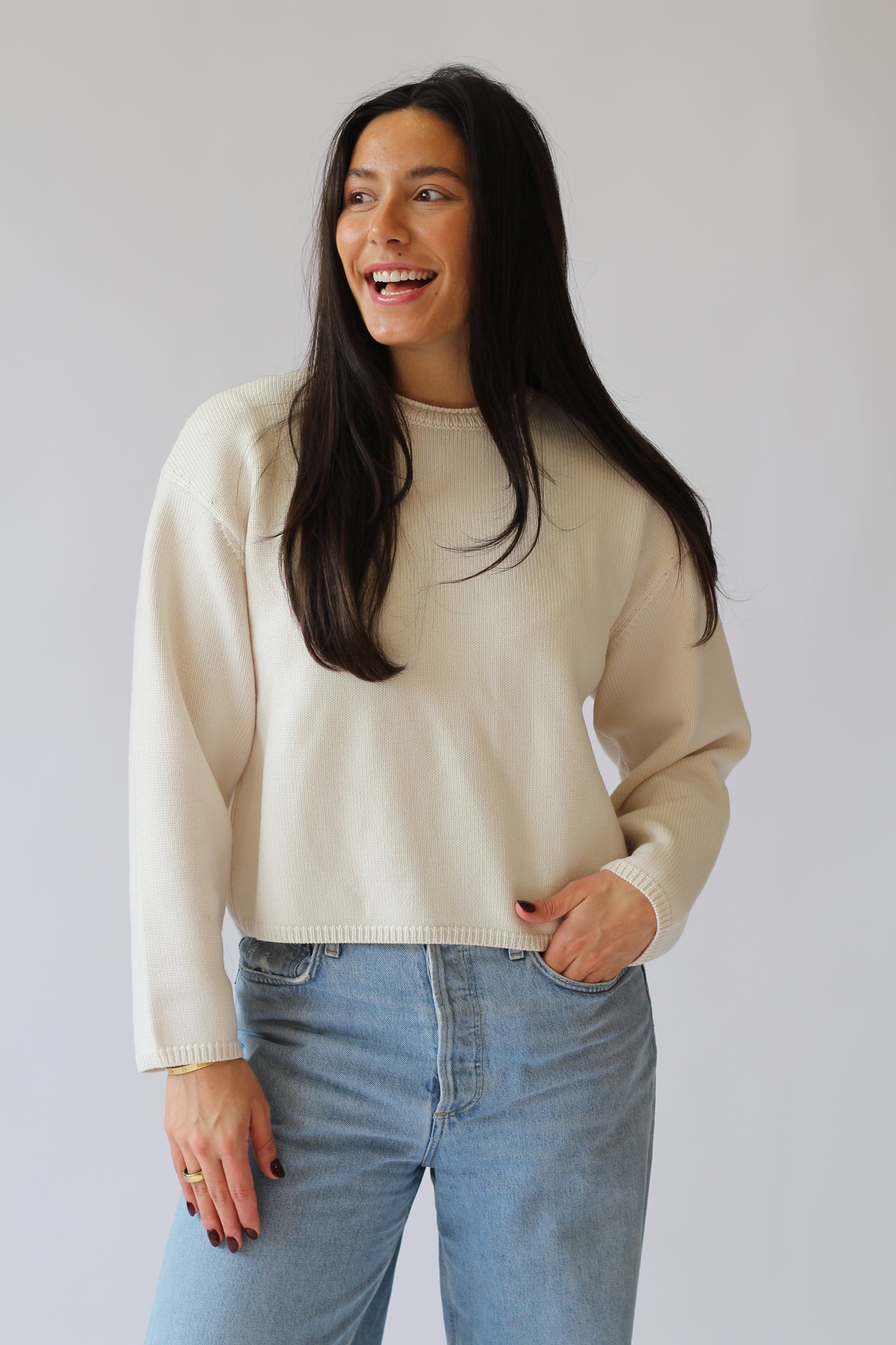 100% extrafine merino wool crewneck cream sweater